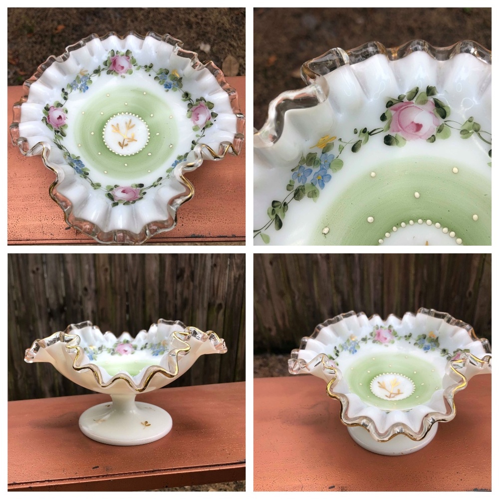 Fenton Milk Glass Hand Painted Dish 1940